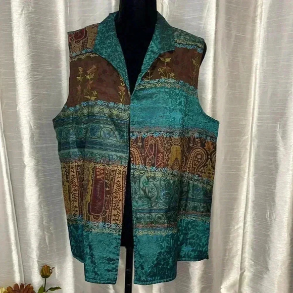Coldwater Creek Women’s 1X Silk Blend Teal Brown Patchwork Tapestry Open Vest - Picture 1 of 6